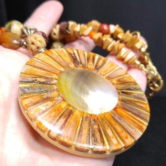 Chico's Mother of Pearl Pendant Necklace:  Art Beads & Glitter Glass Beads, 20" - Picture 3 of 8